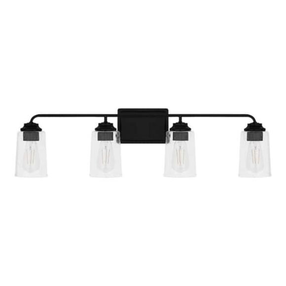 Evangeline 4-Light Matt Black Farmhouse Bathroom Vanity Light Clear Seeded Glass - Picture 3 of 6